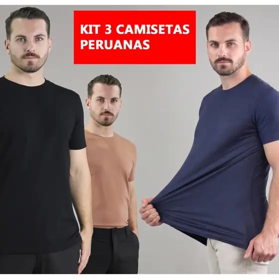 Kit 3 Peças Camiseta Cotton Com Elastano Masculina