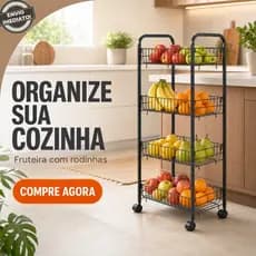 Fruteira de Chão 4 Andares com Rodinhas Organizador de Cozinha Metálico Preto