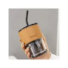 Copo Vidro Coldre De Couro Canudo De Vidro E Tampa 400ml