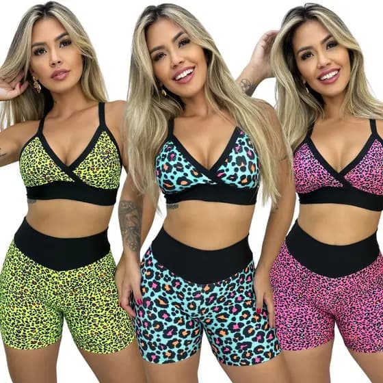 Conjunto Short e Top Fitness Academia Cós Alto Estampado