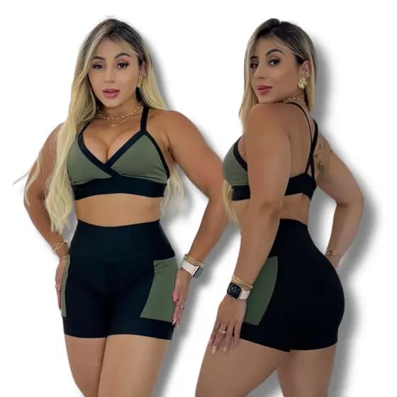 Conjunto Feminino Academia Top Short com Bolso Fitness