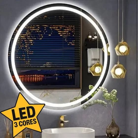 Espelho Redondo Jateado Eclipse LED 3 CORES Botão TOUCH SCREEN Sala Quarto Banheiro Camarim