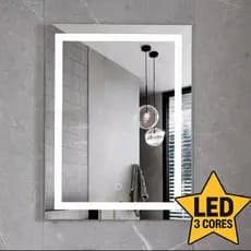 Espelho Jateado com Led 3 CORES Retangular 80x50 cm Touch Luxo Vertical ou Horizontal Camarim