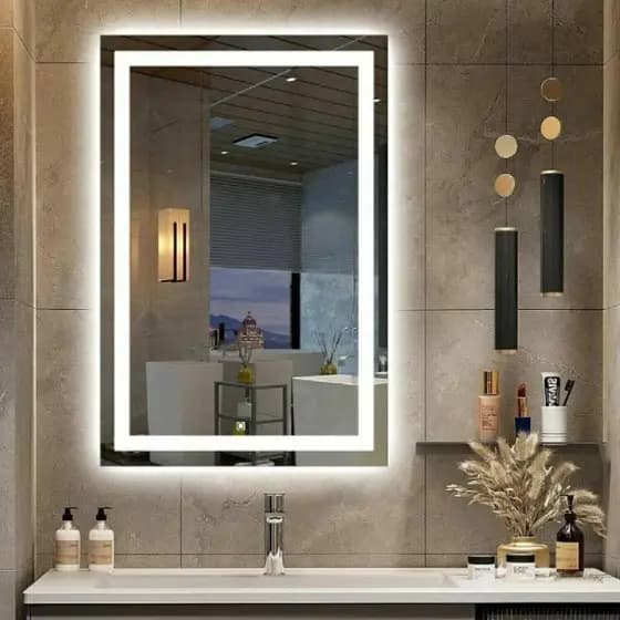 Espelho Retangular com LED 3 Cores Jateado Touch Decorativo de Parede Varias Medidas