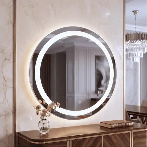 Espelho LED Redondo Jateado 3 CORES TOUCH SCREEN para Sala Quarto Camarim