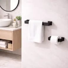 KIT 2 Acessórios Porta Toalha 25cm + Suporte papel Banheiro Preto Fosco com fita 3M VHB Sem Furos
