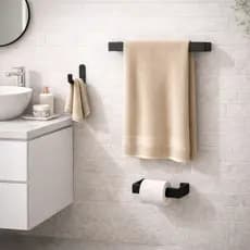 KIT 3 Acessórios Banheiro Preto Fosco 3M VHB Sem Furos – Porta Toalha 25cm + Porta Papel + Ganchos