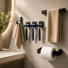 Kit 6 Acessórios Banheiro Preto Fosco 3M VHB Sem Furos – Porta Toalha 25cm + Porta Papel + Gancho