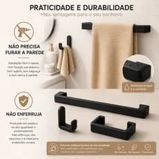 KIT Suporte Toalha rosto + Suporte Papel + Gancho - Acessórios Banheiro Preto Fosco 3M VHB Sem Furos