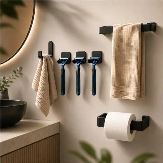 KIT 6 Suportes Adesivo Banheiro, Sem Furos – Suporte Toalha 25cm + Suporte Papel + Gancho