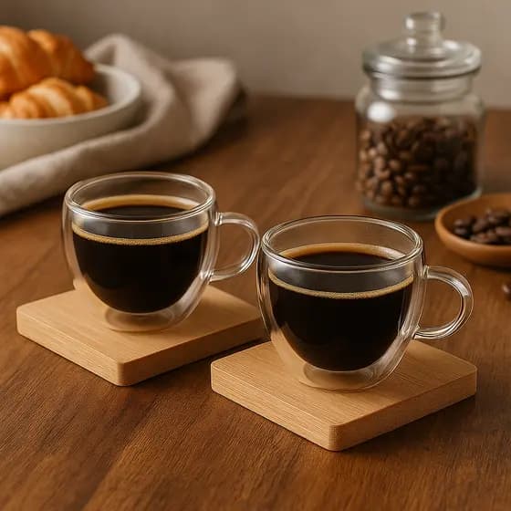 Kit Xícaras de Café - Vidro Resistente - Parede Dupla 60ml com Suporte Bambu