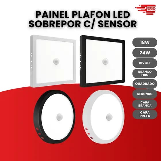 Painel Plafon Sobrepor Com Sensor 18w/24w Led Redondo/Quadrado Capa Branca ou Preta Luz Frio Bivolt