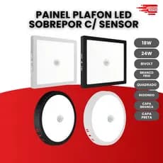 Painel Plafon Sobrepor Com Sensor 18w/24w Led Redondo/Quadrado Capa Branca ou Preta Luz Frio Bivolt
