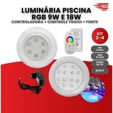 Kit 2 Kit 4 Luminária Piscina Módulo RGB 18w ou 9w Com Fonte 6leds ou 12leds