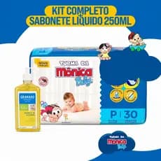Kit 4 Pacote de Fraldas Turma da Mônica Baby P M G 12h Proteção + Sabonete Liquido Baruel