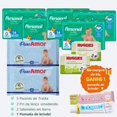 Kit 5 Pacotes Fralda  Descartável Personal Baby + 2 Lenço Umedecido + 2 Sabonetes + 1 Pomada de Assadura