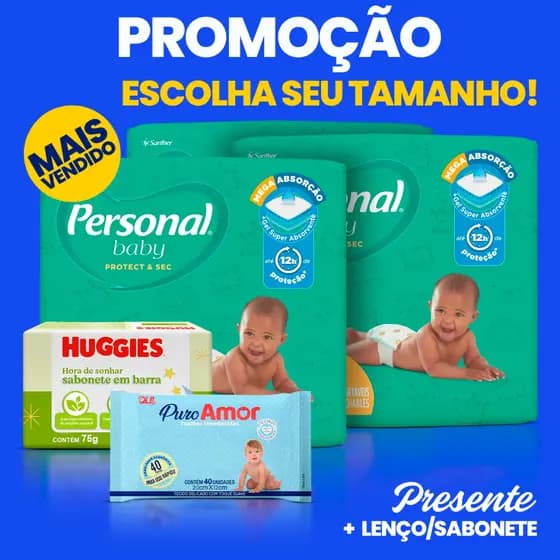 Kit 3 Pacotes de Fralda Descartável Infantil Personal Baby + Lenço Umedecido+ Sabonete