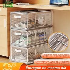 Caixa de sapatos dobrável com zíper, sapateira transparente, empilhável