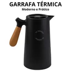 Garrafa Térmica Preta Nórdica 1 Litro Cabo De Madeira Botão Mantém Temperatura Chá e Café