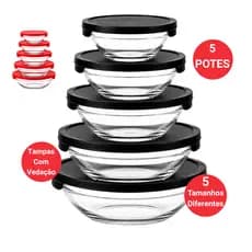 Conjunto 5 Potes de Vidro com Tampa para Alimentos Geladeira Freezer Cozinha 145 a 900ml