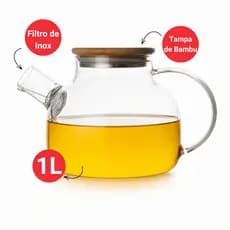 Chaleira de Vidro Borossilicato 1L para Chá e Café com Tampa de Bambu e Filtro Inox Premium