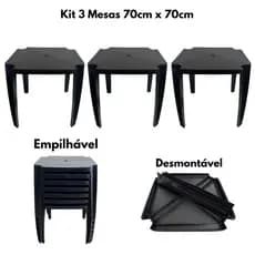 Kit com 3 Mesas Pretas 70x70cm Resistentes para Uso Diário