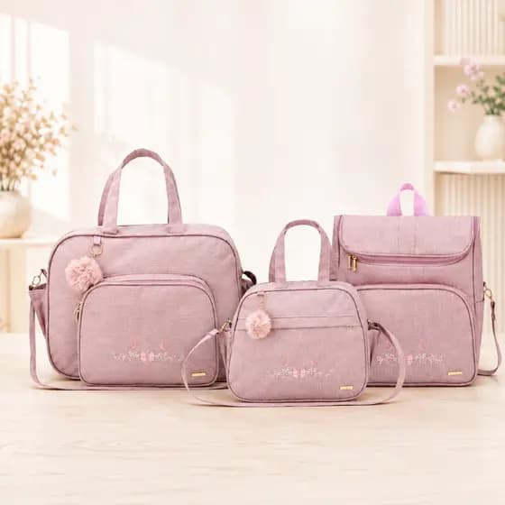 Kit Bolsa Maternidade 4 Peças Rosa Premium Mochila Bolsa Bebê Saída Maternidade Completa