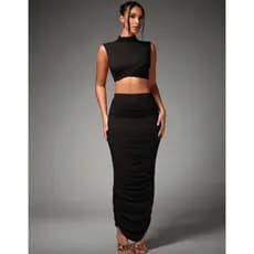 Conjunto Saia Drapeada Midy Midi com Cropped Transpassado Colado Modela o Corpo Moda Blogueira