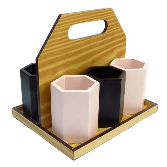 Conjunto Organizador De Mesa Porta Canetas 7 Pçs Rosa Preto