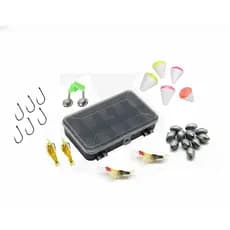 Kit Pesca Completo: Estojo, Chumbadas, Anzol, Isca Camarão Silicone, Bóias e Sino Alarme Duplo