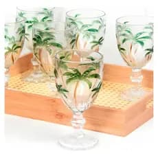 Jogo 6 Taças De Vidro Palm Tree Coqueiro Color Agua 340ml