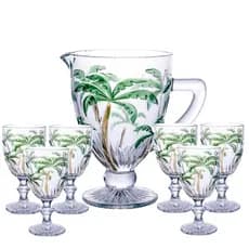 Kit Jarra + 6 Taças Palm Tree Color – Jogo 7 Peças em Vidro com Estampa Tropical KE Home