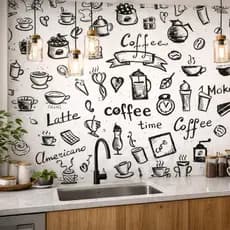 Papel De Parede Café Cozinha Autocolante Lavável Cor Branco e Preto 3D Impermeável