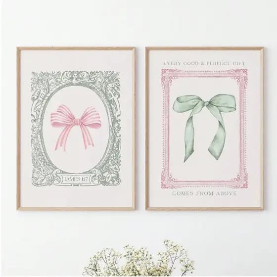 Quadros decorativos Laços Rosa e verde vintage vibes (2 peças)