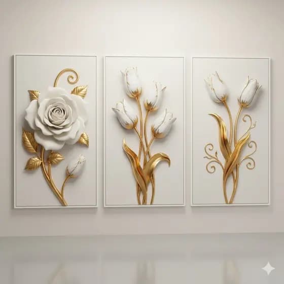 Quadros decorativos Floral Minimalista Branco e Ouro (3 peças)