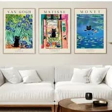 Quadros decorativos Matisse colorido Gato abstrato arte moderna (3 peças)