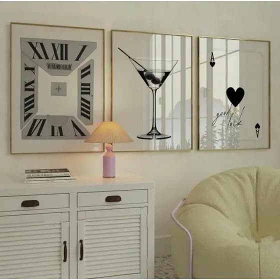 Quadros decorativos Relógio Martini Carta Naipe Coração (3 peças)