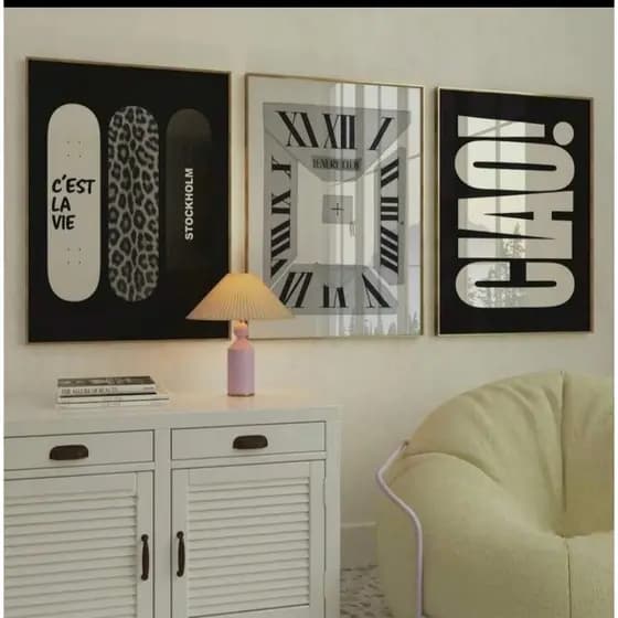 Quadros decorativos Skate Leopardo C'est la Vie Relógio Chaos (3 peças)