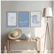 Quadros decorativos Bota de cowgirl azul, laços e carta (3 peças)