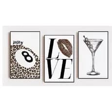 Quadros decorativos Funky sujo martini cocktail & leopardo sorte no.8 bola batom beijo (3 peças)