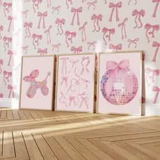 Quadros decorativos Laços rosas, bola de discoteca, preppy rosa fofos (3 peças)