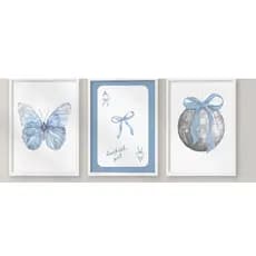 Quadros decorativos Preppy azul laços e globo espelhado (3 peças)