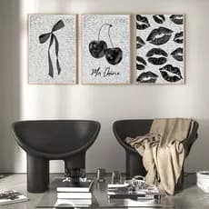 Quadros decorativos Aesthetic preto laço, beijos e cereja moda ma cherie (3 peças)