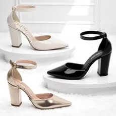 Sapato Scarpin Feminino Salto Alto Grosso 9cm Salomé Saia e Blusa Aberto Fivela Elegante Torricella