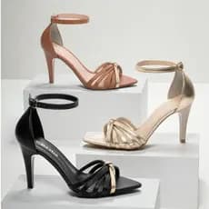 Sandália Feminina Elegante Bico Folha Salto Alto Fino 9cm Dourada Preta Nó Chique Delicada Luxo Social Festa Confortável