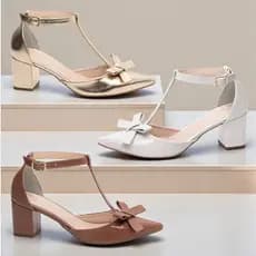 Scarpin Salomé com Laço Salto Baixo Sapato Aberto Lateral Dourado Caramelo Off White Preto Rosa Rose Verde Azul Vermelho