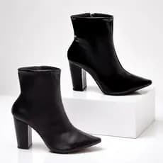 Bota Feminina Bico Fino Cano Curto Salto Grosso Confortável Elegante Casual Sem Enfeite Torricella