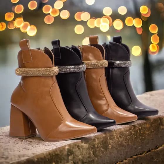 Bota Feminina Texana Torricella Cano Médio Bico Fino Salto Grosso Napa Coturno Strass Brilho Fashion