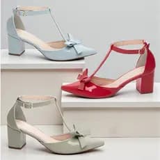 Scarpin com Laço Salto Baixo Grosso 6cm Colorido Verde Azul Vermelho Sapato Salomé Aberto Lateral Confortável Elegante