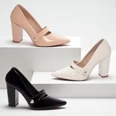 Scarpin Salto Alto Bloco Grosso Verniz Preto Nude Rose Off White Sapato Feminino Elegante Torricella